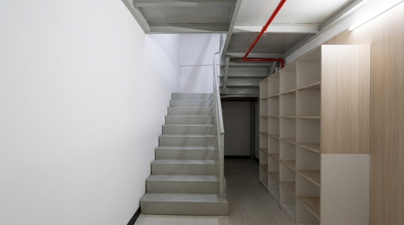 Stairs to storage loft above the office